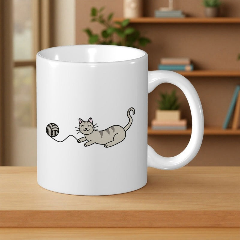 Tailorly White Ceramic 11 oz Mug - Playful Grey Striped Feline Chasing A Ball Of Yarn Hand Drawn Cute Cat
