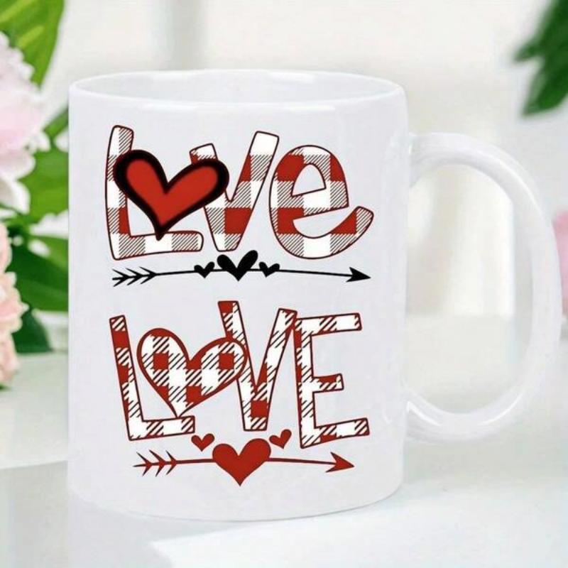 Tailorly White Ceramic 11 oz Mug - Love Love Red Buffalo Plaid Pattern With Decorative Arrows And Romantic Crimson Hearts Heart