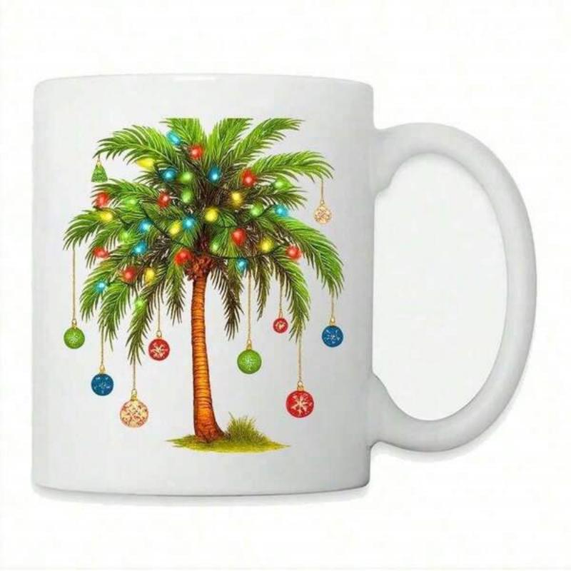 Tailorly White Ceramic 11 oz Mug - Vibrant Tropical Holiday Scene With Glowing Lights And Hanging Ornaments Palm Tree