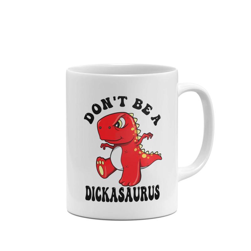 Tailorly White Ceramic 11 oz Mug - Dont Be A Dickasaurus Cute Red Fierce Cartoon Dinosaur With Yellow Spikes And Tiny Arms Dinosaur
