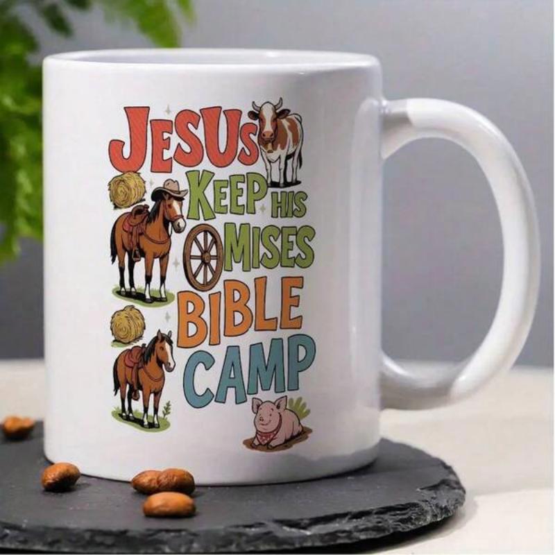 Tailorly White Ceramic 11 oz Mug - Jesus Keep His Promises Bible Camp Featuring Various Barnyard Animals Surrounded By Hay Bales Farm