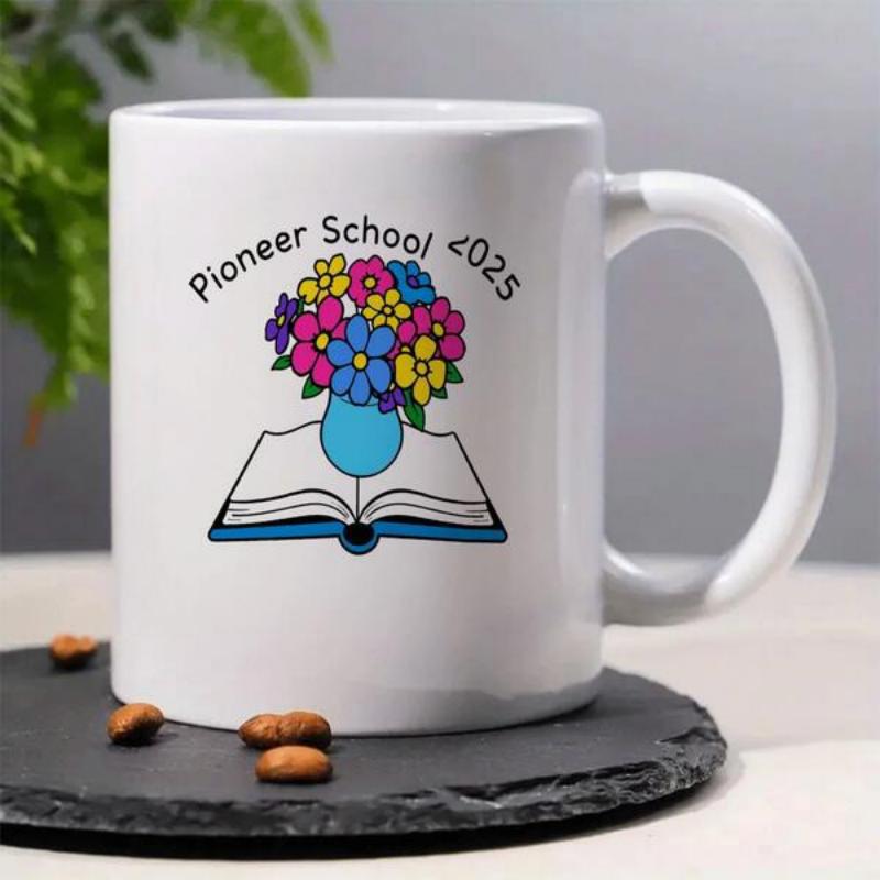 Tailorly White Ceramic 11 oz Mug - Pioneer School 2025 Colorful Flowers In A Blue Vase Resting Upon An Open Book