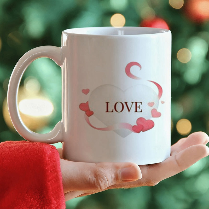 Tailorly White Ceramic 11 oz Mug - Love Elegant Pink Ribbons And Soft Hearts Floating Around A Large Heart