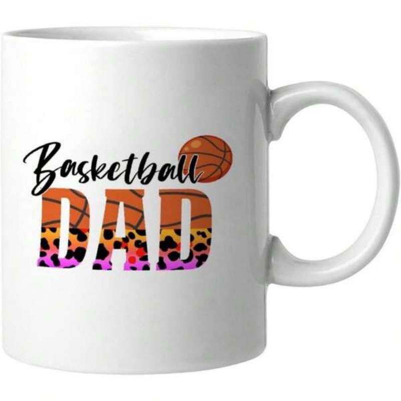 Tailorly White Ceramic 11 oz Mug - Basketball Dad Sporty Textured Letters With Vibrant Leopard Print And Classic Ball Basketball