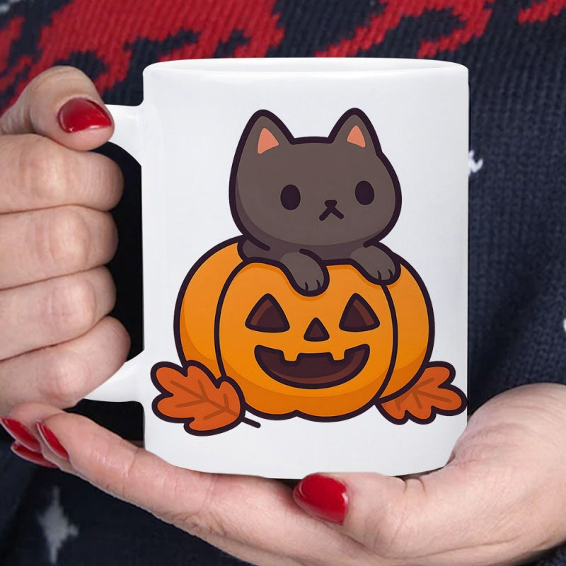 Tailorly White Ceramic 11 oz Mug - Cute Black Cat Sitting Inside Carved Orange Pumpkin Among Autumn Leaves Cat