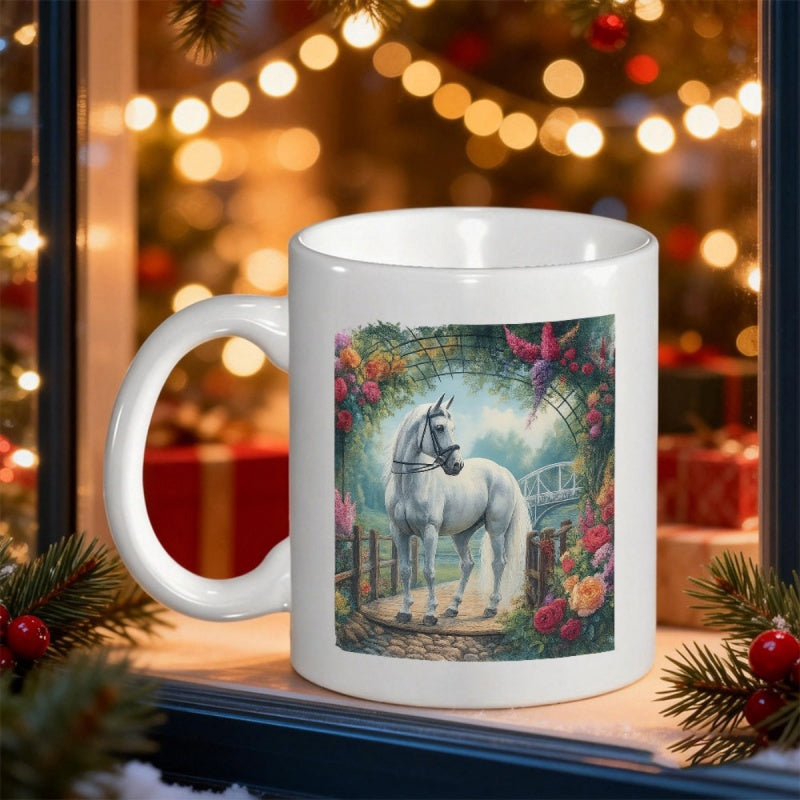 Tailorly White Ceramic 11 oz Mug - Graceful White Stallion Standing In A Vibrant Garden Filled With Flowers Horse
