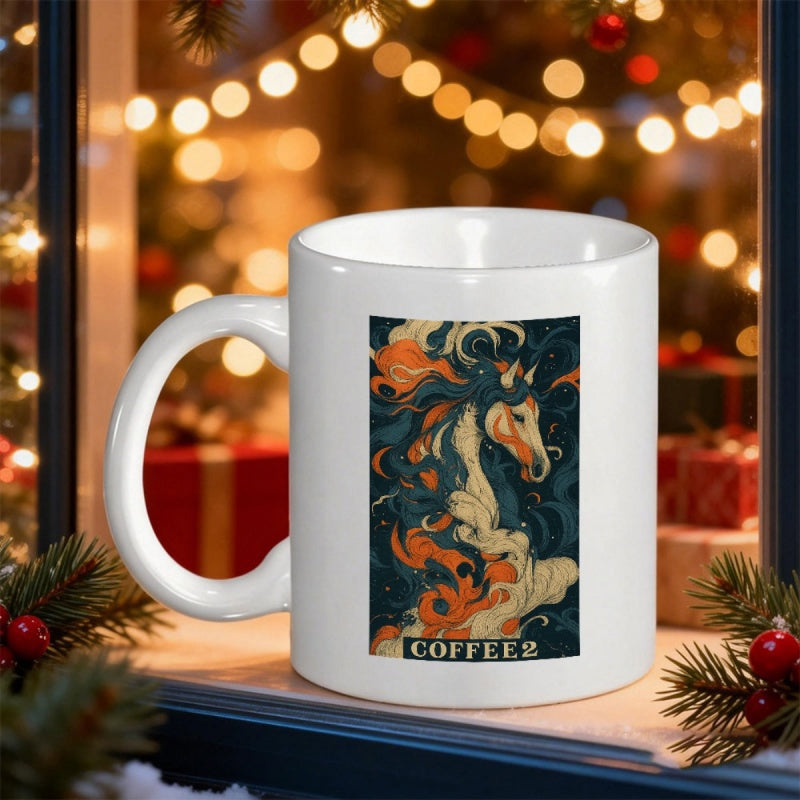 Tailorly White Ceramic 11 oz Mug - Coffee Artistic Swirling Mane With Elegant Vibrant Orange And Dark Blue Patterns Horse