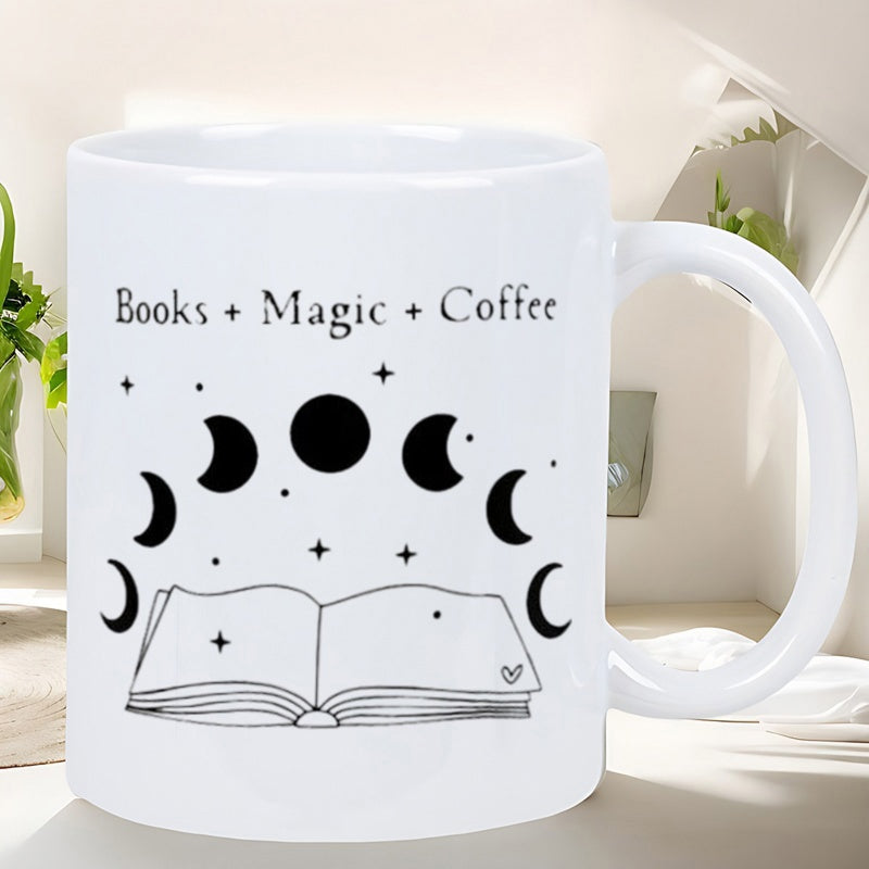 Tailorly White Ceramic 11 oz Mug - Books Magic Coffee Minimalist Line Art Of Moon Phases Above An Open Magic Book
