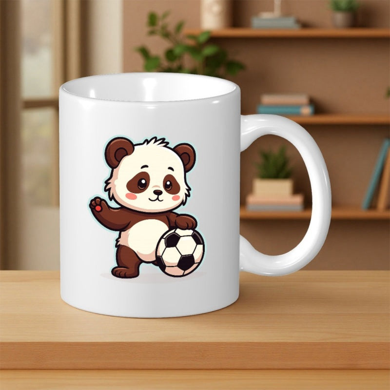 Tailorly White Ceramic 11 oz Mug - Adorable Little Panda Waving While Playing With A Traditional Soccer Ball Panda