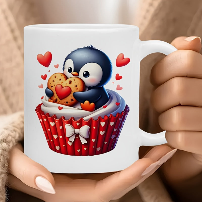 Tailorly White Ceramic 11 oz Mug - Adorable Cartoon Penguin Sitting In A Sweet Heart Cupcake Holding Cookie Penguin