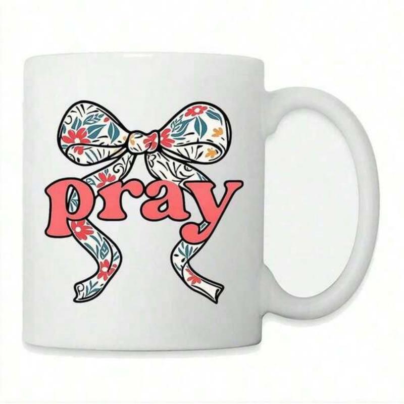 Tailorly White Ceramic 11 oz Mug - Pray Vintage Style Floral Pattern Filled Decorative Ribbon Ornament Bow