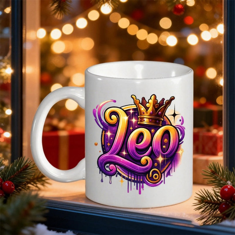 Tailorly White Ceramic 11 oz Mug - Leo Vibrant Purple And Golden Artistic Zodiac Design With Majestic Royal Crown Mug