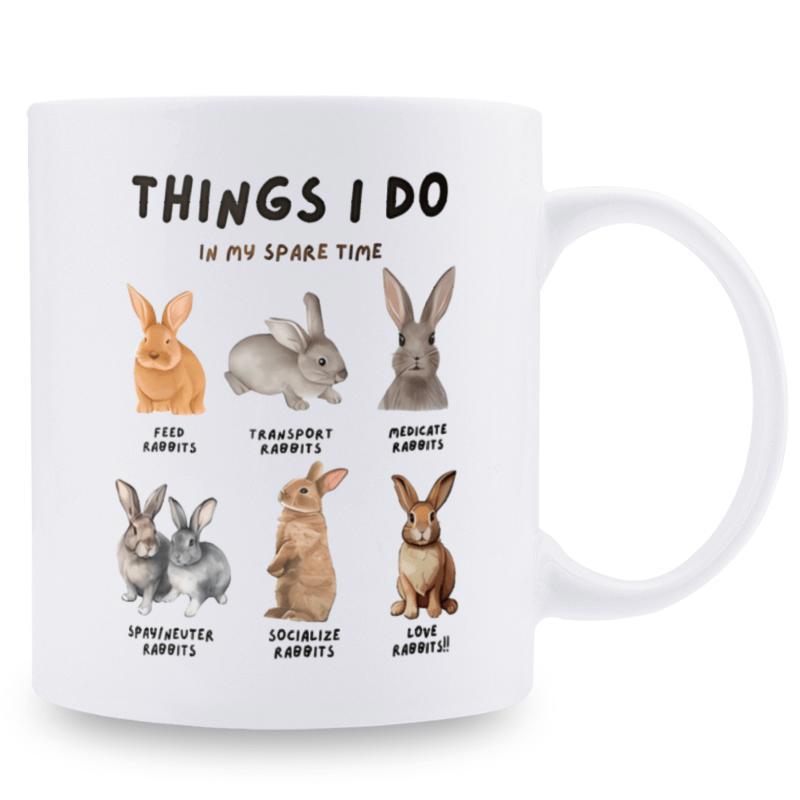 Tailorly White Ceramic 11 oz Mug - Things I Do In My Spare Time Six Realistic Watercolor Rabbits Sitting And Standing In Various Cute Poses Rabbit