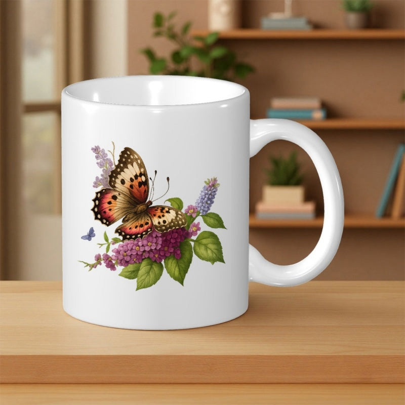 Tailorly White Ceramic 11 oz Mug - Elegant Botanical Garden Scene With Colorful Flowers And A Resting Butterfly