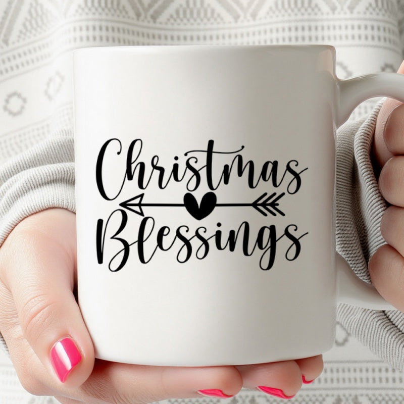 Tailorly White Ceramic 11 oz Mug - Christmas Blessings Elegant Hand Drawn Script Design With Heart And Arrow Mug