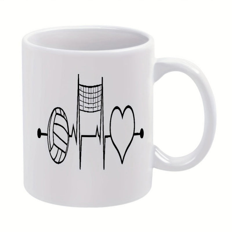 Tailorly White Ceramic 11 oz Mug - Sporty Lifestyle Design With Volleyball Net And Heart Silhouette Heartbeat