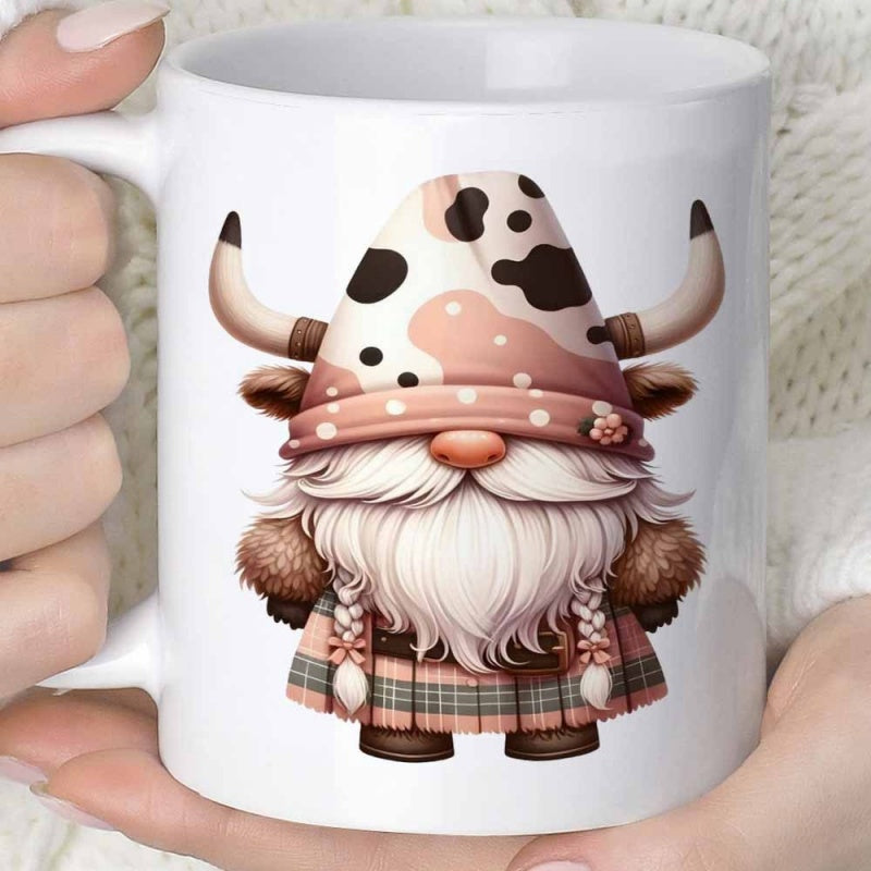 Tailorly White Ceramic 11 oz Mug - Charming Highland Cow Inspired Hat With Horns And Rustic Plaid Outfit Gnome