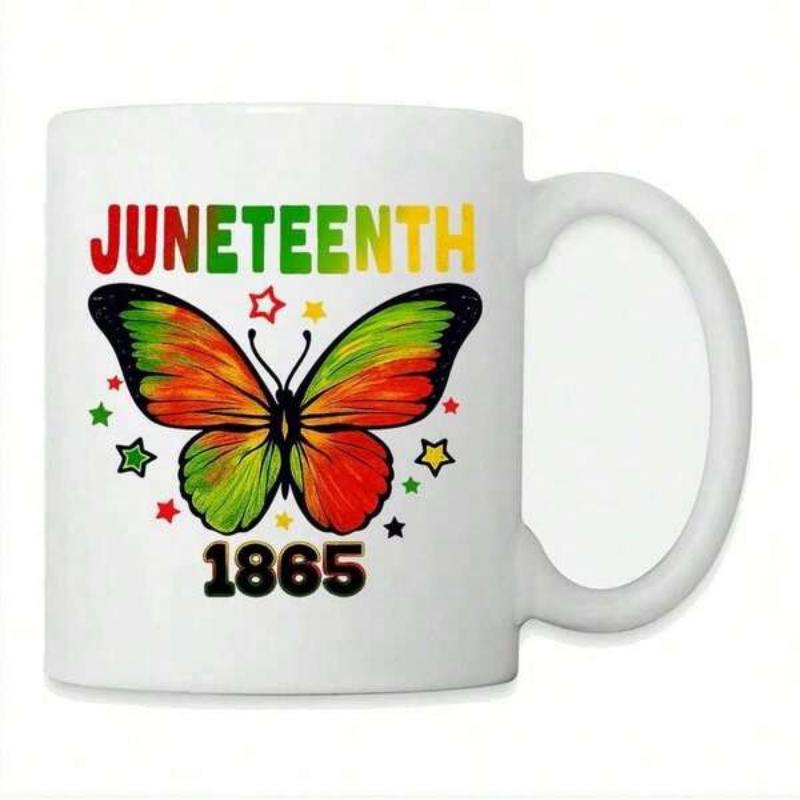 Tailorly White Ceramic 11 oz Mug - Juneteenth 1865 Vibrant Pan African Colored Butterfly Wings Surrounded By Tiny Decorative Stars Butterfly