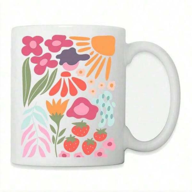 Tailorly White Ceramic 11 oz Mug - Colorful Abstract Botanical Elements With Strawberries And A Glowing Golden Sun Pattern