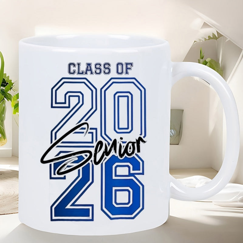 Tailorly White Ceramic 11 oz Mug - Class Of Senior Bold Blue Collegiate Style Numbers With Elegant Black Script Graduation Design