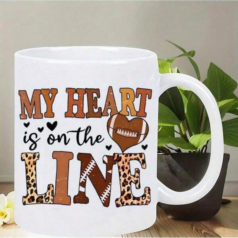 Tailorly White Ceramic 11 oz Mug - My Heart Is On The Line Artistic Heart Shaped Football Featuring Leopard Print Textures And Small Decorative Hearts Football