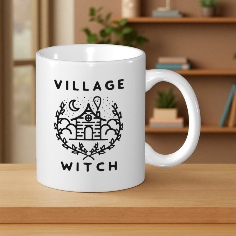 Tailorly White Ceramic 11 oz Mug - Village Witch Minimalist Black Line Art House With Moon And Foliage Wreath Cottage
