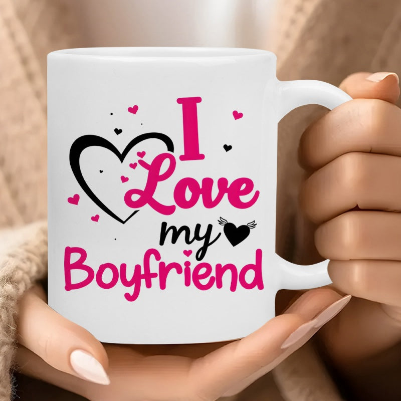 Tailorly White Ceramic 11 oz Mug - I Love My Boyfriend Whimsical Scattered Pink And Black Decorative Winged Hearts Heart