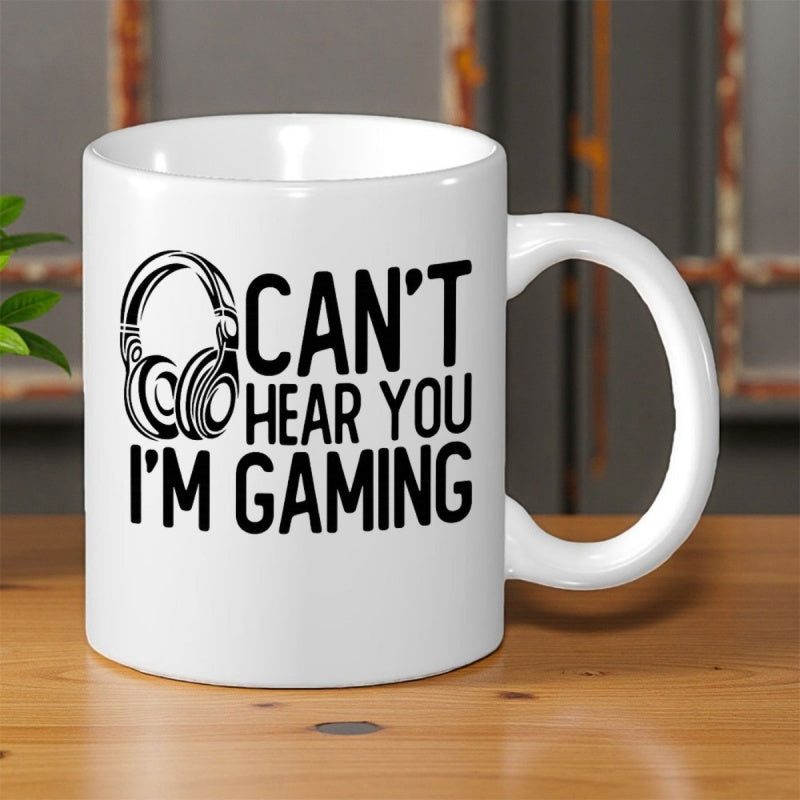 Tailorly White Ceramic 11 oz Mug - Cant Hear You Im Gaming Minimalist Black Outline Style Illustration Featuring Modern Technology Headphone