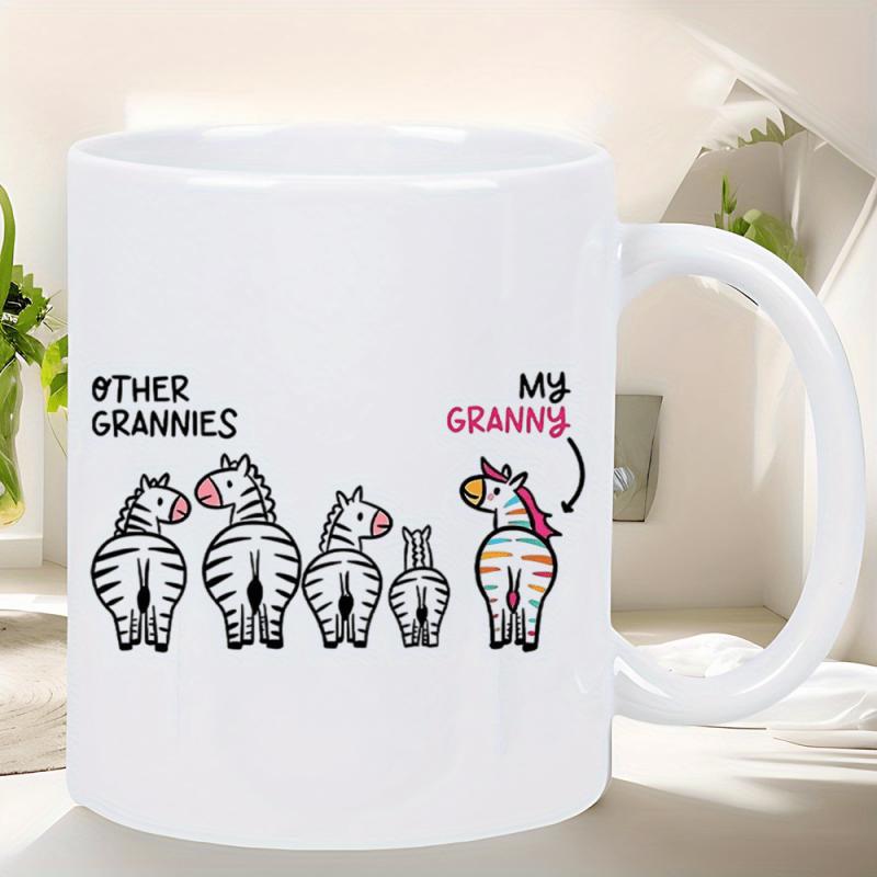 Tailorly White Ceramic 11 oz Mug - Other Grannies My Granny Five Whimsical Cartoon Animals Standing Together With One Colorful Artistic Zebra