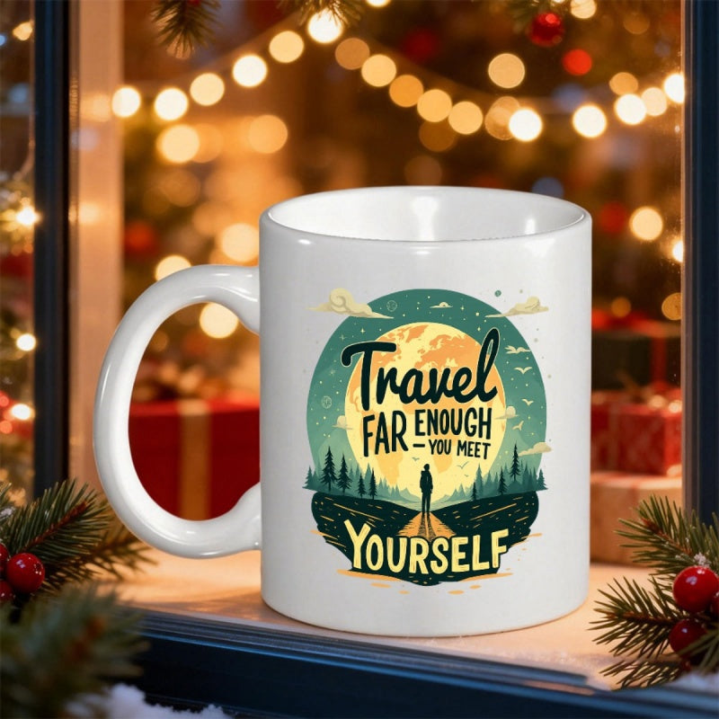 Tailorly White Ceramic 11 oz Mug - Travel Far Enough To Meet Yourself Lone Wanderer On Path Under Glowing Moon Among Pine Forest Silhouette
