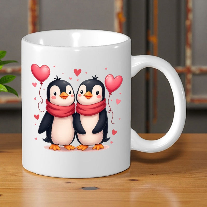 Tailorly White Ceramic 11 oz Mug - Adorable Couple Of Penguins Wearing Red Scarves Among Floating Pink Heart Penguin