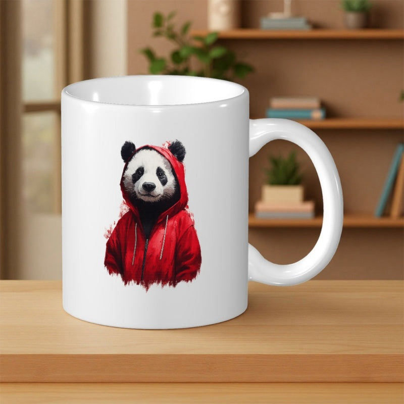 Tailorly White Ceramic 11 oz Mug - Cute Wildlife Panda Wearing A Vibrant Red Urban Style Hooded Sweatshirt Panda