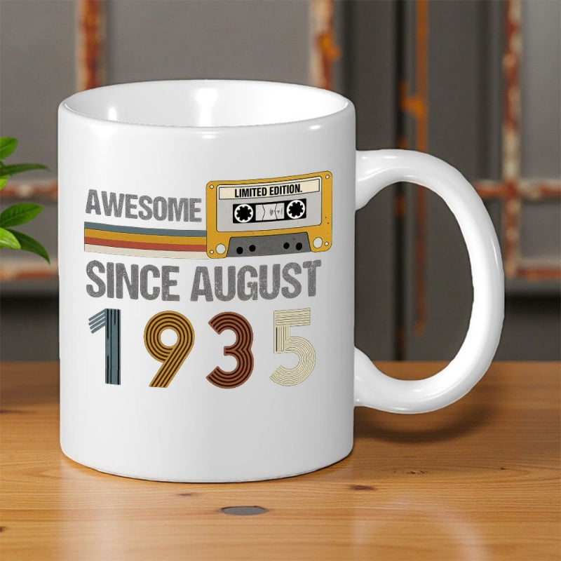 Tailorly White Ceramic 11 oz Mug - Awesome Since August 1935 Classic Retro Music Tape With Vintage Striped Background And Bold Numbers Cassette