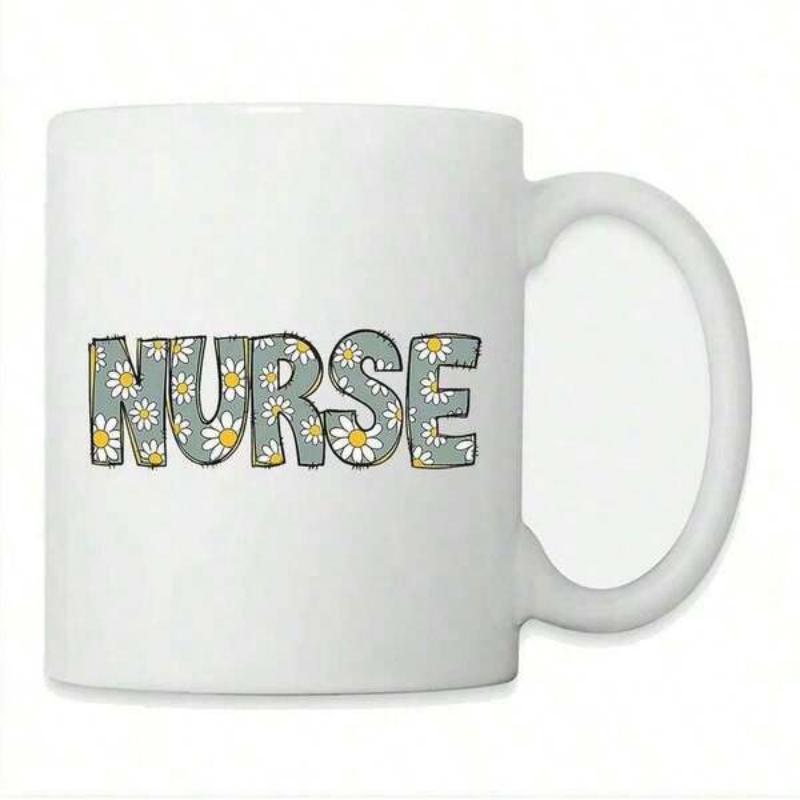 Tailorly White Ceramic 11 oz Mug - Nurse Retro Stylized Letters Filled With Delicate White Daisies And Yellow Centers Nurse
