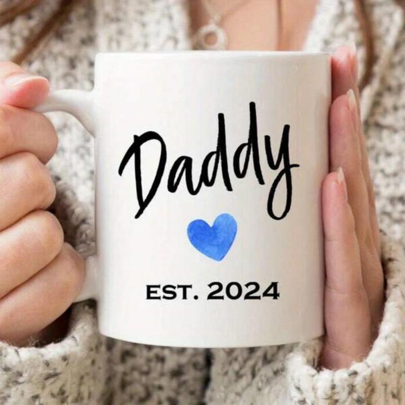 Tailorly White Ceramic 11 oz Mug - Daddy EST 2024 Simple Watercolor Blue Style Centered Under Handwritten Script Text Heart