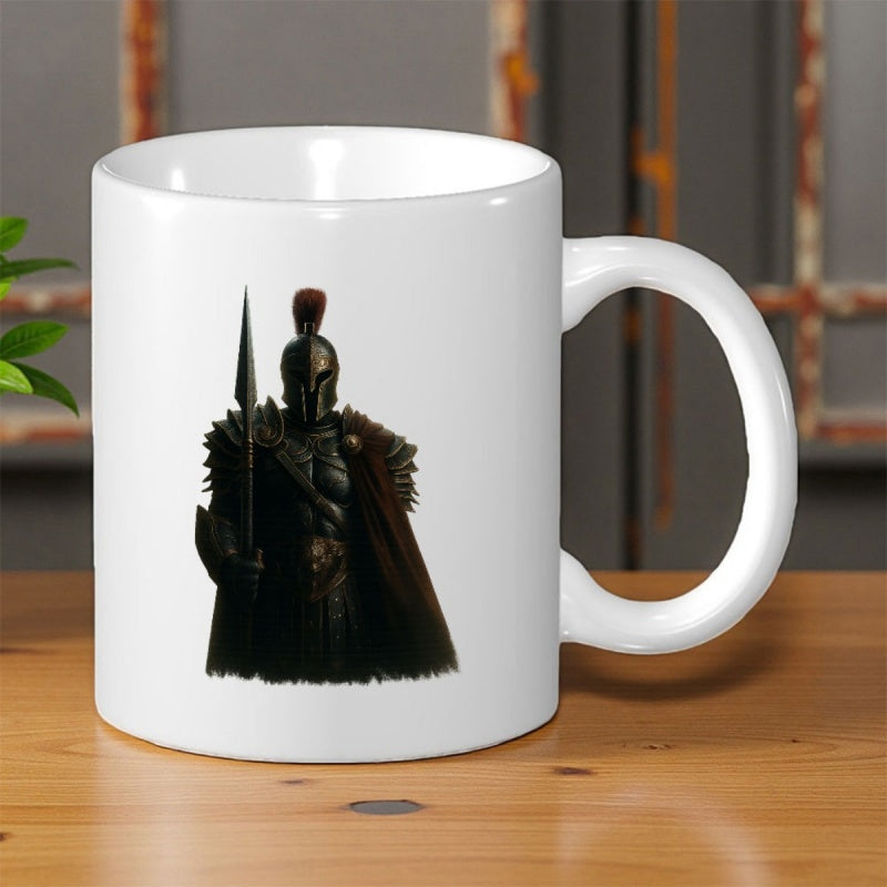 Tailorly White Ceramic 11 oz Mug - Powerful Ancient Spartan Standing With Spear Under Intense Shadows Warrior