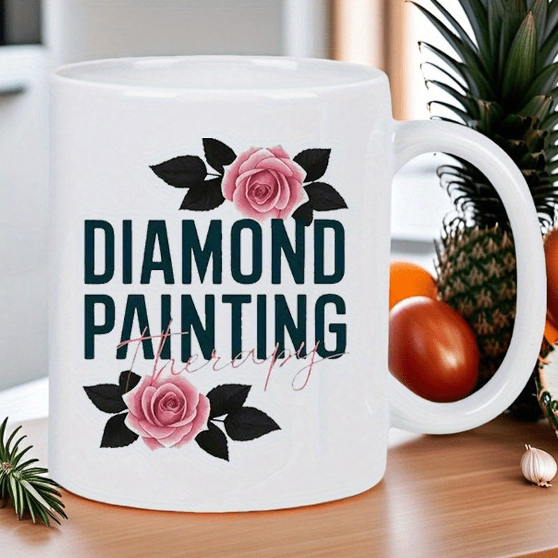 Tailorly White Ceramic 11 oz Mug - Diamond Painting Therapy Pink Roses With Dark Leaves Blooming On A Clean Surface Rose