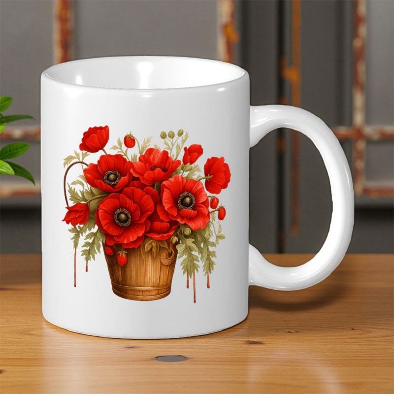 Tailorly White Ceramic 11 oz Mug - Vibrant Red Blooming Poppies Sitting Inside A Rustic Wooden Bucket Flower