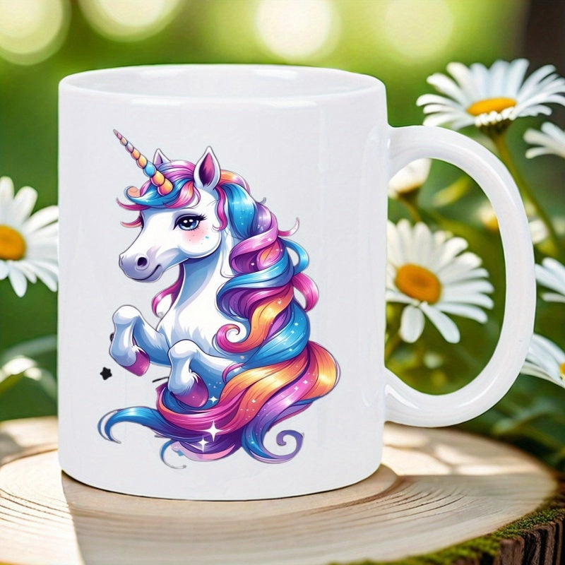 Tailorly White Ceramic 11 oz Mug - Magical Creature With Colorful Rainbow Flowing Mane And Spiral Horn Unicorn