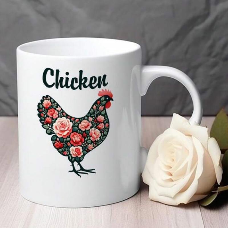 Tailorly White Ceramic 11 oz Mug - Chicken Elegant Floral Pattern Filling A Silhouette Standing Gracefully Among Blooming Roses Chicken