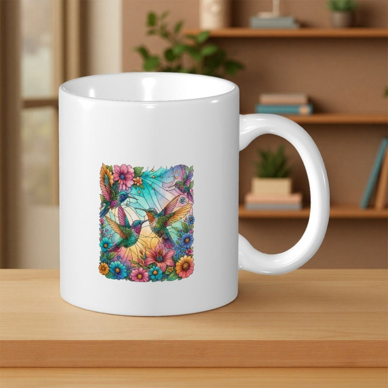 Tailorly White Ceramic 11 oz Mug - Vibrant Watercolor Style Flying Among Colorful Blooming Flowers In Garden Hummingbird