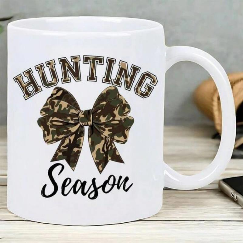 Tailorly White Ceramic 11 oz Mug - Hunting Season Rustic Camouflage Pattern Featured On A Large Girly Bow