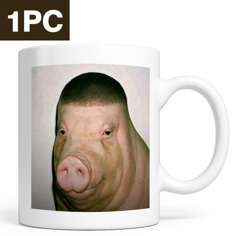 Tailorly White Ceramic 11 oz Mug - Humorous Farm Animal Featuring A Trendy Short Bowl Cut Hairstyle Pig
