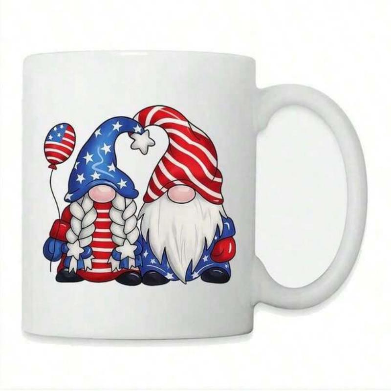 Tailorly White Ceramic 11 oz Mug - Two Patriotic Figures Wearing Stars And Stripes Pattern Holding Round Balloon Gnomes