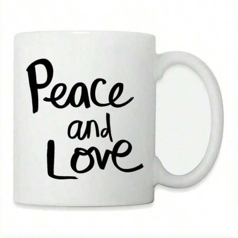 Tailorly White Ceramic 11 oz Mug - Peace And Love Minimalist Handwritten Script Style Written In Elegant Black Ink Sign