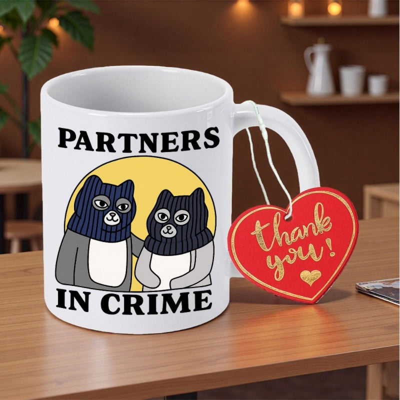 Tailorly White Ceramic 11 oz Mug - Partners In Crime Two Funny Cartoon Cats Wearing Black Masks Under Yellow Sun Cat