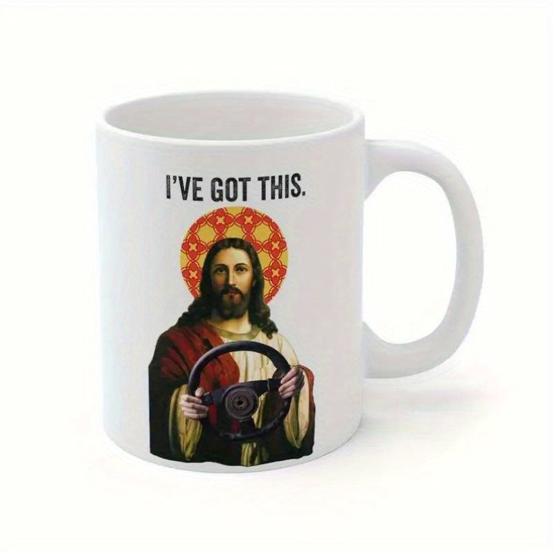 Tailorly White Ceramic 11 oz Mug - I've Got This Sacred Iconic Figure Holding Steering Wheel With Vibrant Geometric Halo Jesus