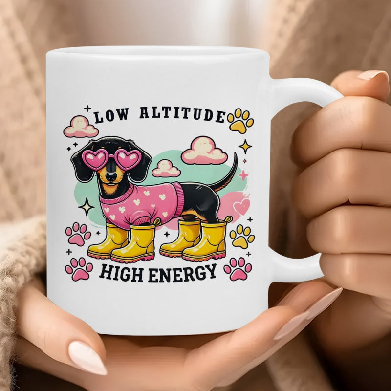 Tailorly White Ceramic 11 oz Mug - Low Altitude High Energy Wearing Heart Sunglasses Pink Sweater And Yellow Boots Among Soft Clouds Dachshund