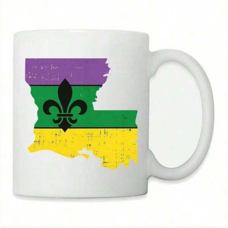 Tailorly White Ceramic 11 oz Mug - Distressed Mardi Gras Colors Map Silhouette Featuring Traditional Black Fleur De Lis Louisiana