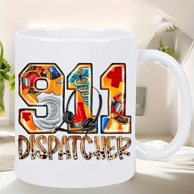 Tailorly White Ceramic 11 oz Mug - 911 Dispatcher Detailed Emergency Icons And Leopard Print Pattern With Professional Communication Headset Mug